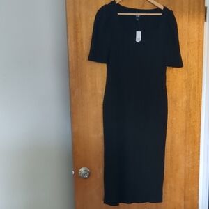 GAP Black Ribbed Sheath Midi Dress With Puffed Sleeves